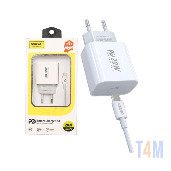 Adaptador Carregador Rápido Foneng EU23 PD EU23 PD com Cabo Tipo C a Relâmpago 20W Branco